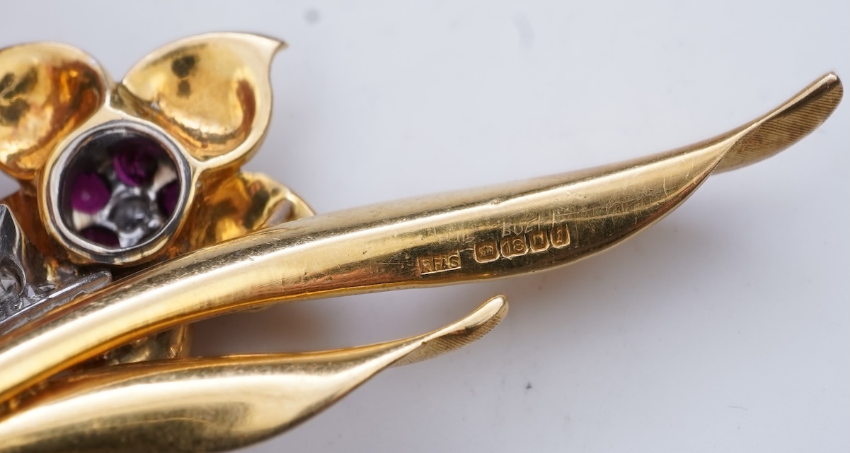 A gold, ruby and diamond brooch, circa 1966